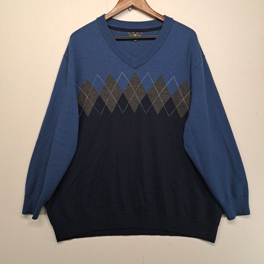 Club Room Sweater Mens 3XB Blue Navy Argyle Merino Wool Blend V-Neck